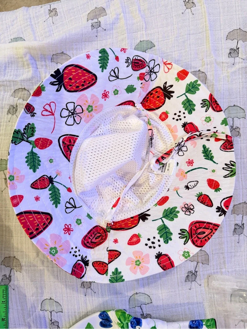 2  hats: Kids Blueberry Print Bucket Hat -White & Blue, strawberry hat
